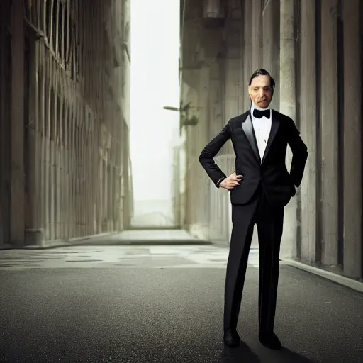 Image similar to “ full body portrait of a robot wearing a tuxedo, depth of field, zeiss lens, detailed, symmetrical, centered, fashion photoshoot, by annie leibovitz and steve mccurry, david lazar, jimmy nelsson, breathtaking, 8 k resolution, extremely detailed, beautiful, establishing shot, artistic, hyperrealistic, beautiful face, octane render ”
