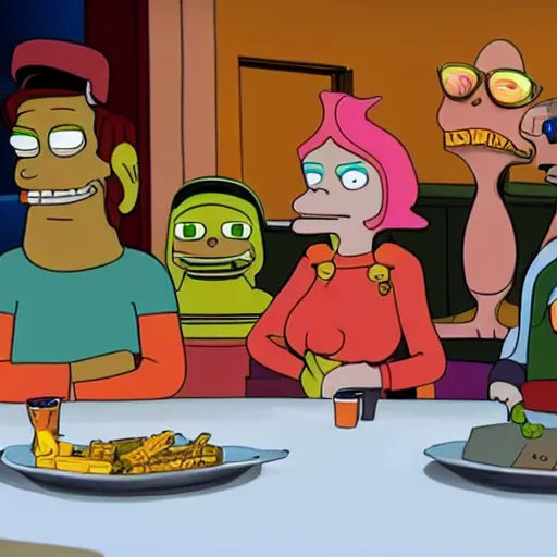 Image similar to the futurama crew sitting at a table, style of a clay animation.