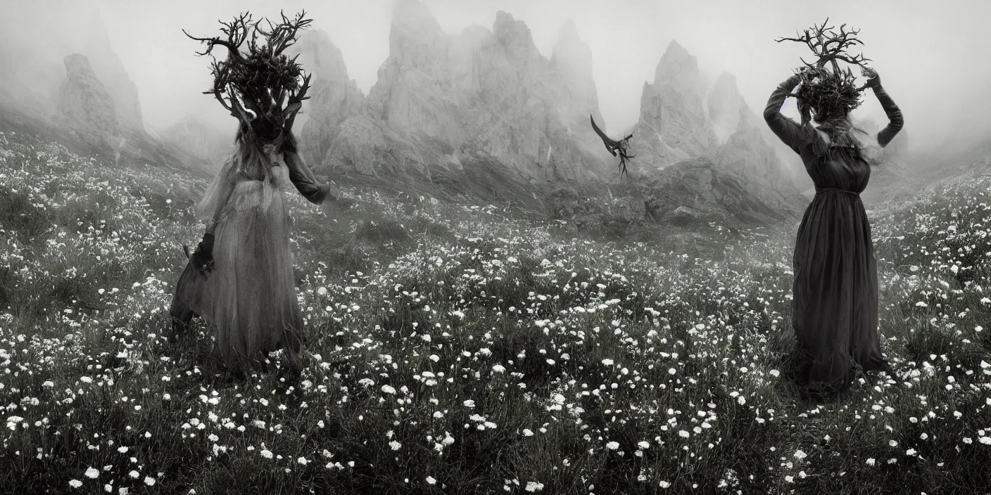 Prompt: alpine female farmers head being overgrown by edelweiss and roots, antlers on head, much fog, levitating witches, magic, dolomites dark black and white vintage photography by dennis villeneuve, cinestill eerie despair portrait photography artstation digital art adward winning