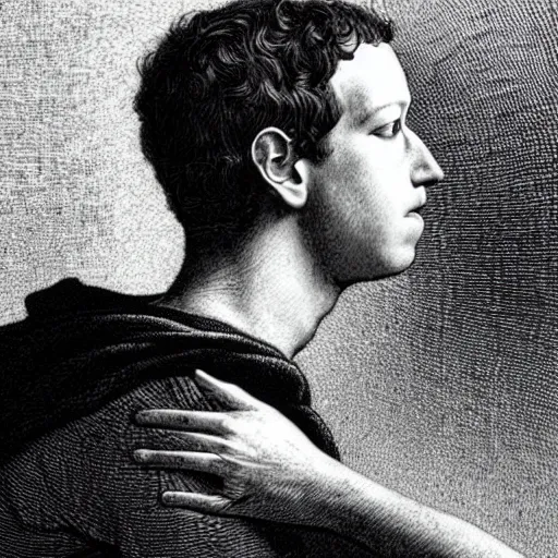 Image similar to portrait of a mark zuckerberg staring into the void, high detail, dramatic pose, illustration by gustav dore