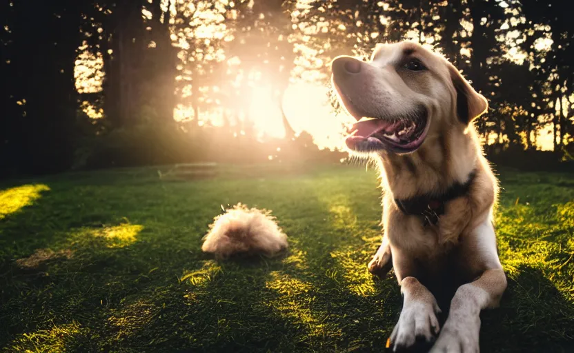 Image similar to portrait of a happy dog, natural light, lens flare, detailed face, cinematic lighting, 8 k