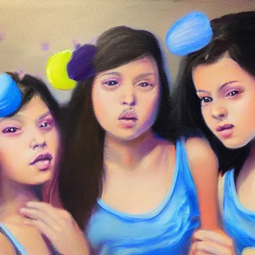 Image similar to “springbreak party, 3 teenage girls, blue tones, hyper realistic oil painting”