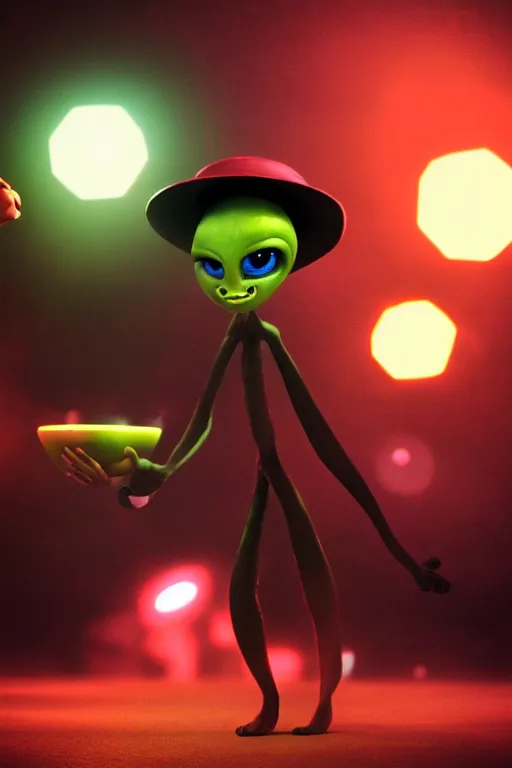 Prompt: an octane rendering of a cute alien choosing a hat to wear, on a black background., cinematic, dramatic, color grading, photojournalism, colorful, highly detailed