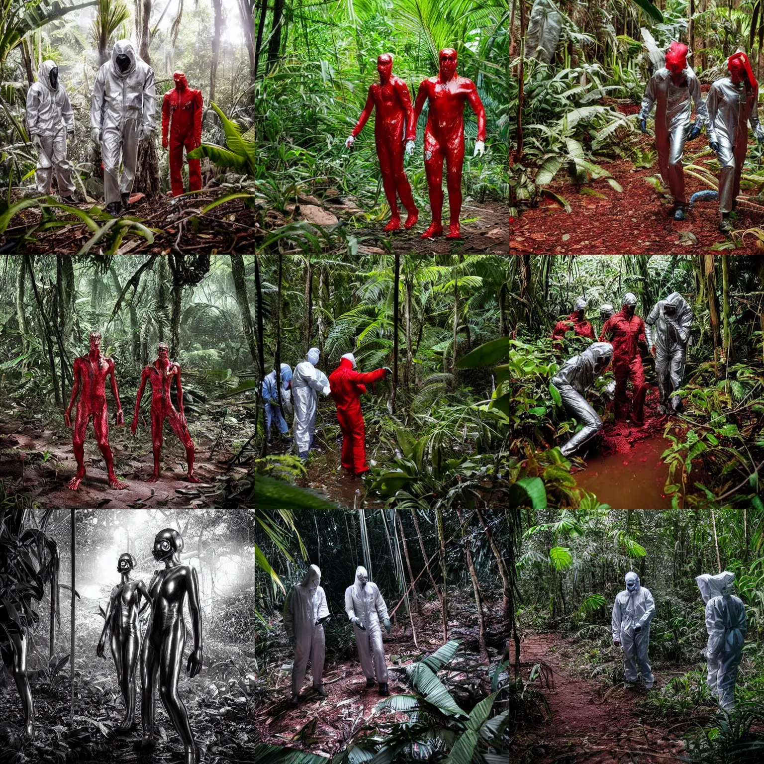 Prompt: scientists in a silver suit collecting samples in the jungle, the ground is flooded with red blood, monsters lurking in the shadows, award winning photograph, sci - fi, horror, creepy, highly detailed