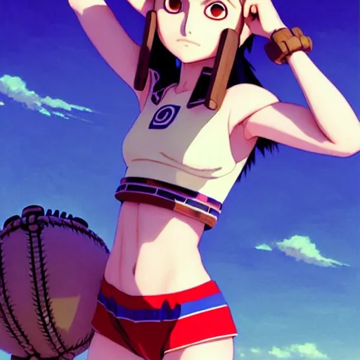 Image similar to beautiful boyish natalie portman gravure model in majora's mask, wearing wooden mask and baseball cap and leotard, street wear with subtle mayan patterns, aztec bathing suit, gapmoe yandere grimdark, trending on pixiv fanbox, painted by greg rutkowski makoto shinkai takashi takeuchi studio ghibli, akihiko yoshida