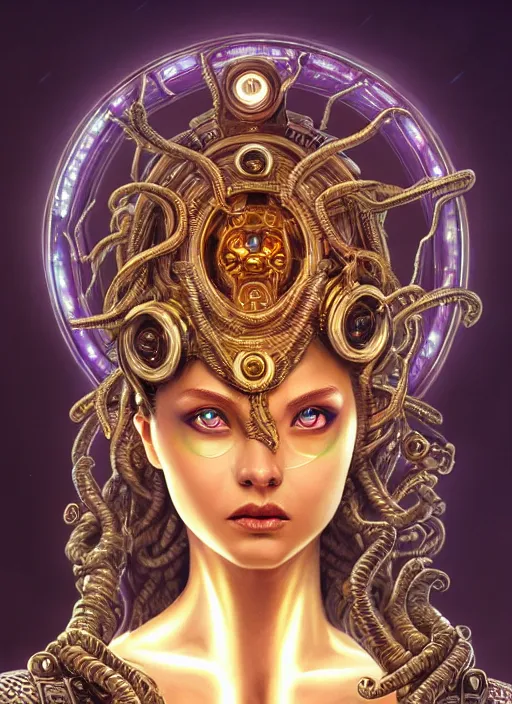 Prompt: ultradetailed ornate sci-fi RPG illustration of a beautiful symmetric Medusa radiating a glowing aura wearing a cyberpunk armor with much decorum, digital airbrush painting, 3d rim light, hyperrealistic masterpiece, artstation, cgsociety, kodakchrome, golden ratio