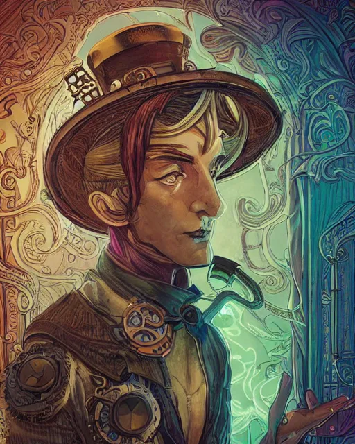 Prompt: a detailed portrait illustration of a steampunk tech - sorcerer. attractive intersex face, ginger. art nouveau, pop art, comic book style. influenced by neil gaiman, h. p. lovecraft, dan mumford, brian froud, heade, killian eng, ross tran.