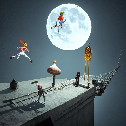 Image similar to full moon, travel upwards, flying, figurines, tilt shift, physical, style of 3 d, occlusion, white clay, style of dave mckean, style of shuzo oshimi, style of will eisner, full of color, on white, smooth, thin sharp lines, detailed, octane render