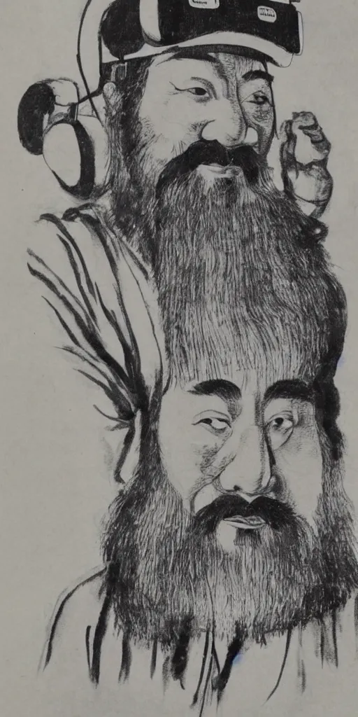 Image similar to confucius wearing vr headset, chinese ink painting