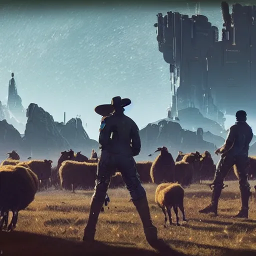 Image similar to Cyberpunk cowboys herding sheep in a No Man's Sky landscape in the style of Frederic Remington