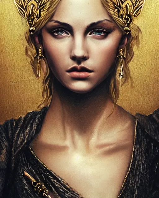 Image similar to tattoo sketch of hot blonde super model as aphrodite greek goddess wearing a gold laurel wreath and triangle earrings, beautiful piercing gaze with sharp pupils, in the style of greg rutkowski, fantasy, amazing detail, epic, elegant, smooth, sharp focus, front view