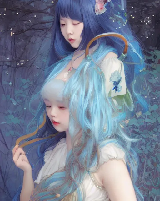 Image similar to symmetrical portrait of a pretty korean girl with blue hair dressed as alice in wonderland, beautiful sparkling blue eyes, dark forest background, moonlight, digital painting, 8 k, concept art, art by wlop, artgerm, greg rutkowski and alphonse mucha