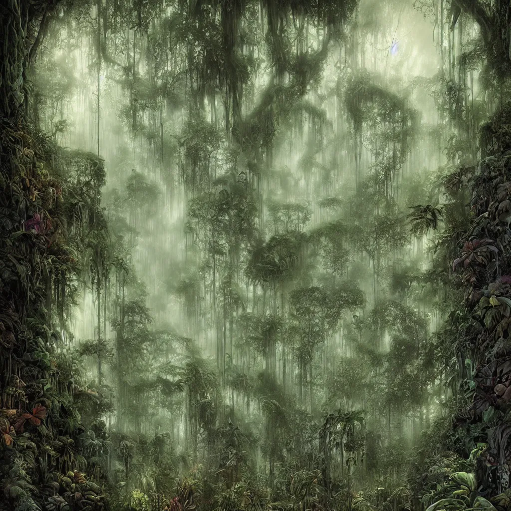 Image similar to a dark enchanted rainforest jungle at night, upward cinematic angle, thick mist, by rodney matthews, michael kaluta, bernie wrightston, and stephen gammell, ghostly low light, stunning composition, intricate, elegant, digital art, hyperdetailed, full color mixed media painting, hyperrealistic, sharp focus, 8k