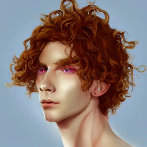 Image similar to portrait of Lucius the beautiful fantasy androgynous prince, long fluffy strawberry blond curly hair, clean and pretty, 8k, trending on artstation