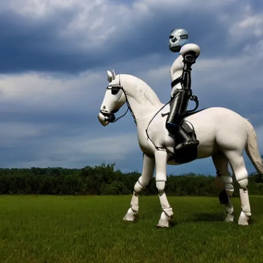 Image similar to A robot is riding a white horse in the blue sky