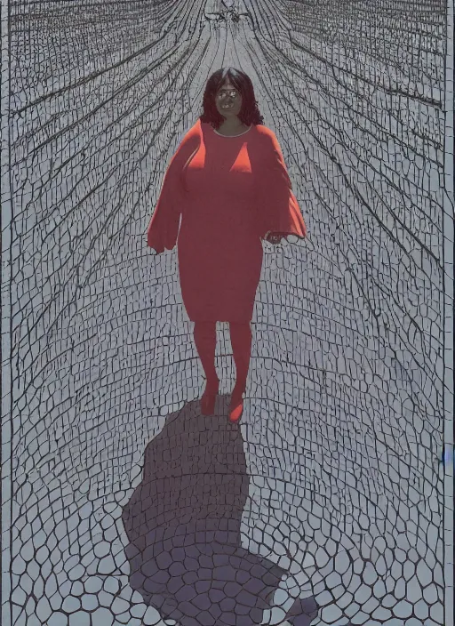 Image similar to poster artwork by Michael Whelan and James Jean, of Octavia Spencer has a invisible shadow man's voice in her head, reality is a labyrinth parking lot, psychological thriller from scene from Twin Peaks, clean, simple illustration, nostalgic, domestic, full of details