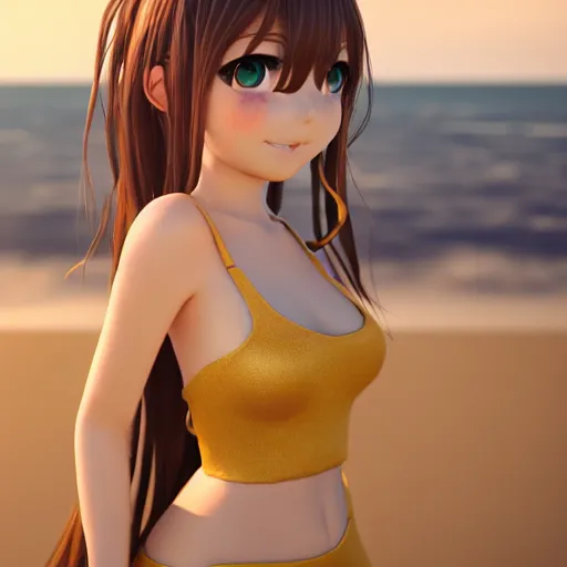 Image similar to Render of a very beautiful 3d anime girl, full body, long hair, hazel eyes, cute freckles, full round face, short smile, cute sundress, golden hour, serene beach setting, medium shot, mid-shot, highly detailed, trending on Artstation, Unreal Engine 4k