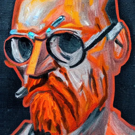 Prompt: an expressionism face portrait of Gordon freeman used with Impasto, dark oranges reds and yellows, note detailed