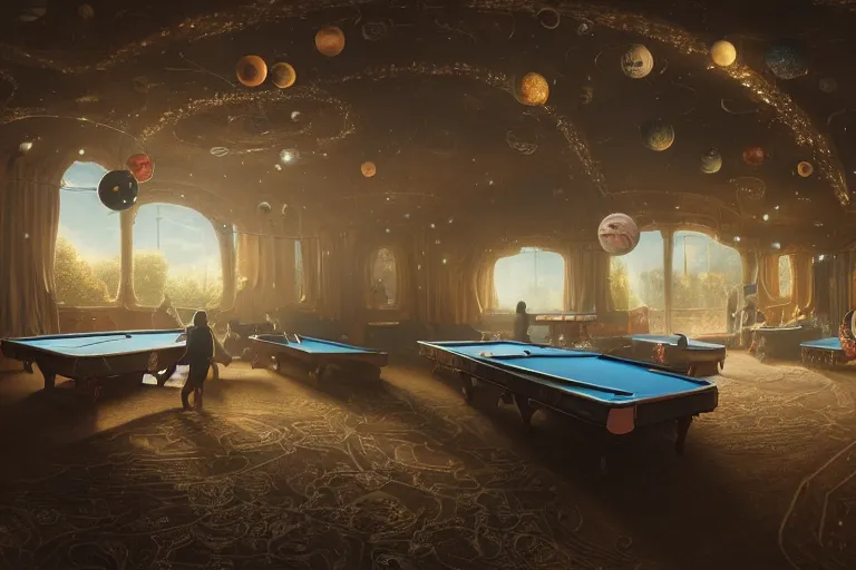 Prompt: a billiards table where the felt is made of galaxies, the balls are planets, matte painting, long shot, concept art, wide shot, digital art, trending on artstation, 4 k, extremely detailed, realistic, midday, warm colors, golden sunlight, by greg rutkowski, cinematic, epic