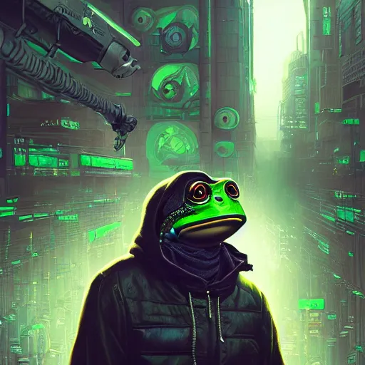 Prompt: cinematic portrait of pepe the cybernetic frog, cyberpunk city background, full face portrait, centered, symmetrical face, atmospheric lighting, intricate, volumetric lighting, cyberpunk, concept art, sharp focus, ultra detailed, concept art by marc simonetti and dan mumford. featured on artstation