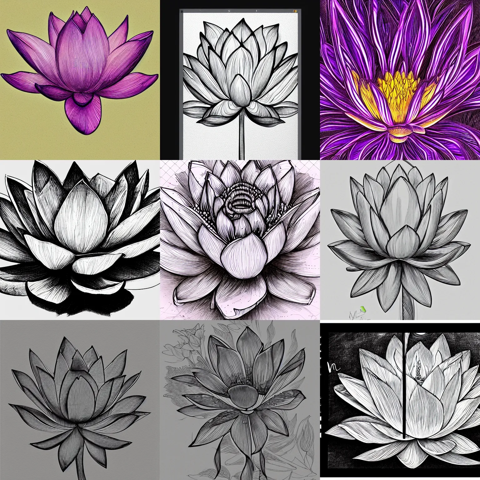 Prompt: beautiful aesthetic inspirational professional digital pen sketch of a lotus by metzen, ultra detailed, fine details, trending on artstation, high quality paper