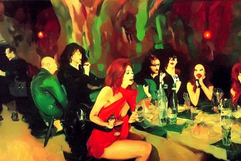 Image similar to glam rockers drinking brutal and raw wine, inside a green cave with red lights by joaquin sorolla, phil hale, extremely detailed, greek style