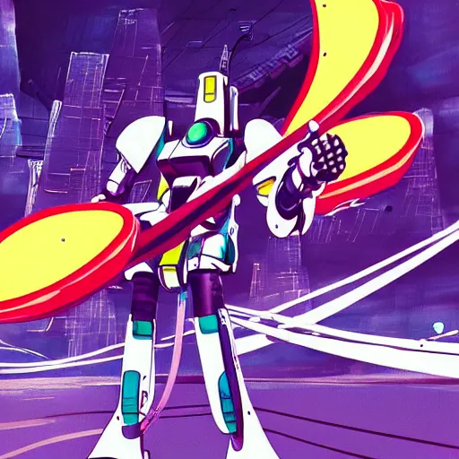 Image similar to A cell animation of a robot shredding a guitar solo in a futuristic city street, macross, gundam, ghibli style, illustration, anime, trending on artstaion