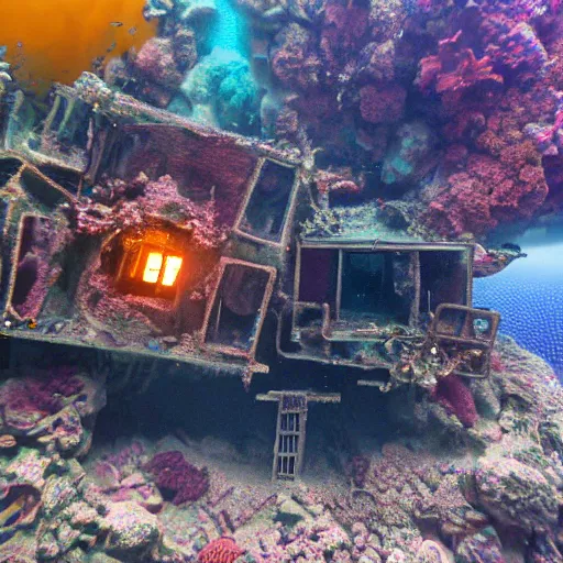 Image similar to a house burning underwater, with a humanoid robot, 8 k resolution, colorful, mariana trench