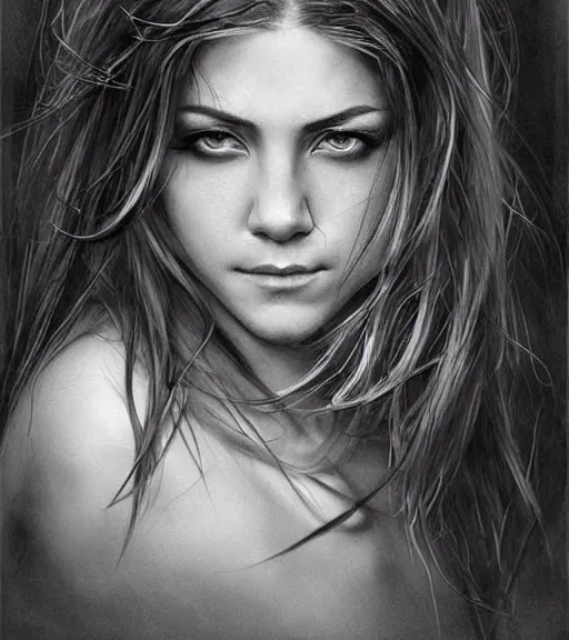 Image similar to aniston, beautiful piercing eyes, realistic face, black and white drawing, in the style of greg rutkowski, fantasy, amazing detail, epic, intricate, elegant, smooth, sharp focus