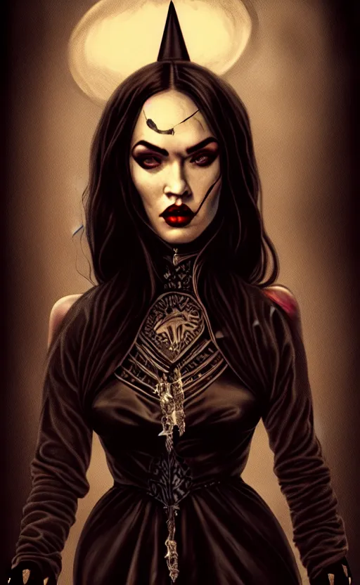 Image similar to megan fox witch queen, black eyes, blood, full body, intricate victorian dress, full body, cinematic lighting, symmetrical eyes, rafael albuquerque, charlie bowater, moody lighting, candles