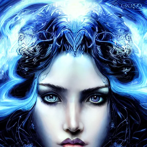 Prompt: masterpiece goddess of sorrow portrait, 3 0 years woman, melancholic face, long hair digital painting by louis royo and julie bell, dark tenebrous blue background, cinematic light, aura effect, some chaotic sparkles, wind, unreal engine, artstation, deviantart, pinterest