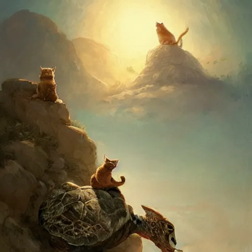 Prompt: The tallest mountain was topped by a cat riding a gigantic turtle, and there was another cat riding a large turtle atop the mountain. By Greg Rutkowski