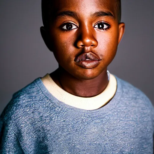 Prompt: the face of young kanye west at 1 0 years old, portrait by julia cameron, chiaroscuro lighting, shallow depth of field, 8 0 mm, f 1. 8