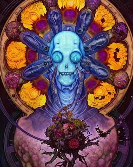 Image similar to the platonic ideal of flowers, rotting, insects and praying of cletus kasady carnage thanos dementor wild hunt doctor manhattan chtulu mandelbulb mandala ponyo spirited away bioshock davinci, d & d, fantasy, ego death, decay, dmt, mdma, art by artgerm and greg rutkowski and alphonse mucha