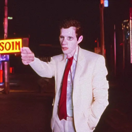 Prompt: movie scene still frame of a stern and pale man in a beige peak lapel suit threatening someone with a comically large spoon and standing near a nightclub, neon lighting, kodak gold 200 film