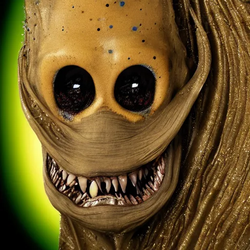 Image similar to a sentient alien from a newly discovered planet. angular jaw, open mouth, large canine teeth and it's throat is covered in spiny hairs, it's smooth bioluminescent skin is splattered by brown freckles on its cheeks, middle aged, hunter gatherer, portrait photograph, beautiful, poster, hyperrealistic