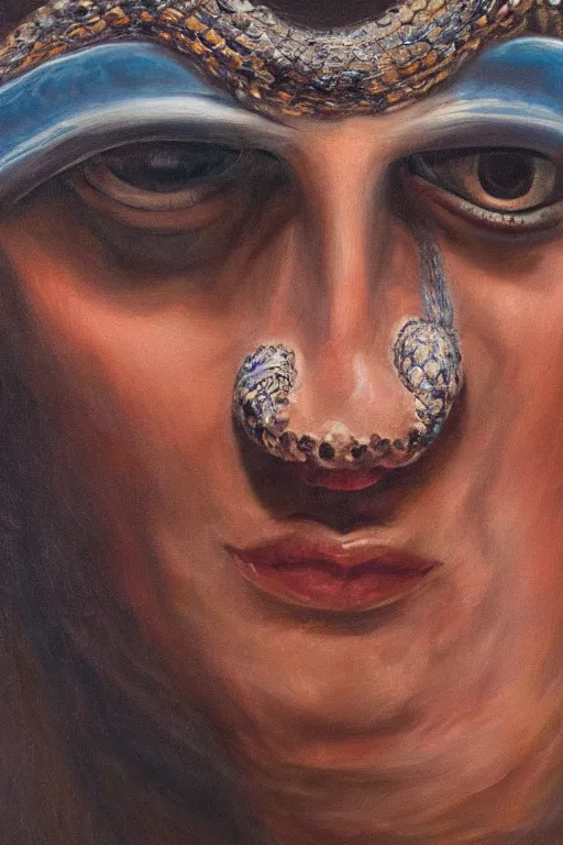 Prompt: hyperrealism oil painting, close - up portrait of face from a tangle of snakes fashion model, knight, steel gradient mixed with nebula sky, in style of baroque