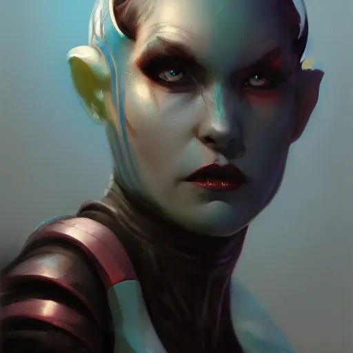 Image similar to portrait of a female Twi'lek by Greg Rutkowski, blue skin, she is about 30 years old, wearing black sith uniform, highly detailed portrait, digital painting, artstation, concept art, smooth, sharp foccus ilustration, Artstation HQ