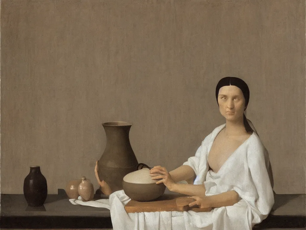 Image similar to Portrait of a woman in the bathtub with amphora, white cloth and crane. Still life. White Opal, marble teracotta. Painting by Zurbaran, Hammershoi, Morandi