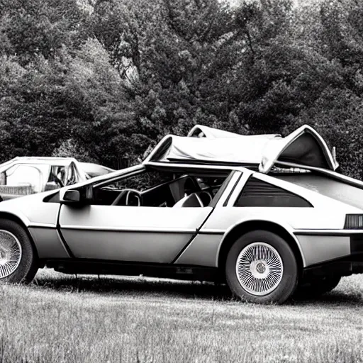 Prompt: a monochromatic sepia photograph of a delorean in a group of covered wagons,