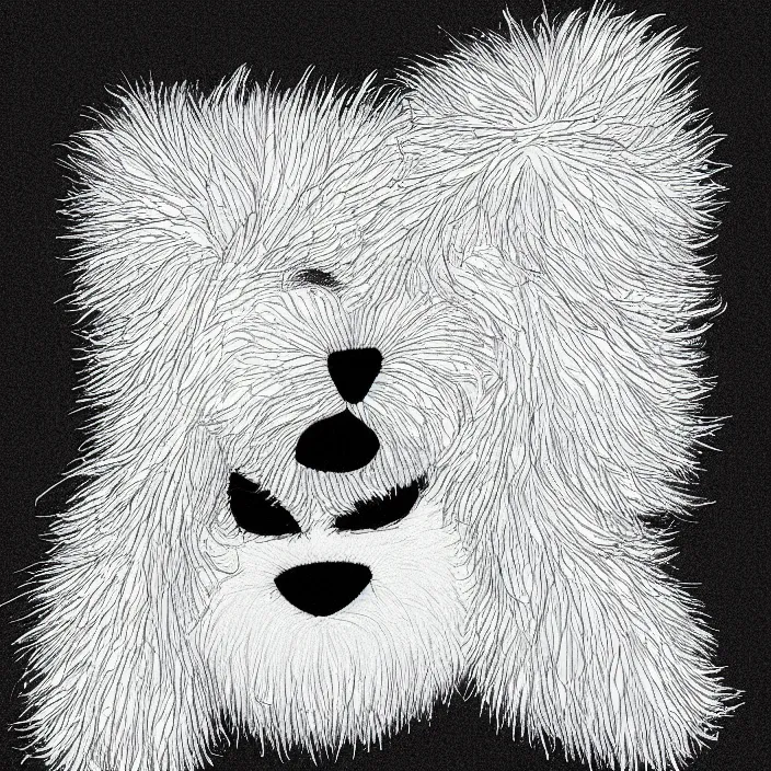 Prompt: a still frame from comic strip girl white fluffy hairy fur face, symmetrical, skin is made of white fluffy hairs, eyes made of snowflakes, close up 1 9 9 0, new yorker illustration, monochrome contrast bw, lineart, manga