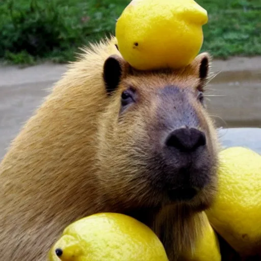 Image similar to capybara eating lemons, sitting in a tub of lemons, happy capybara