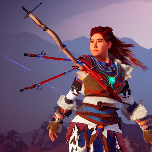 Prompt: woman archer in the style of horizon zero dawn