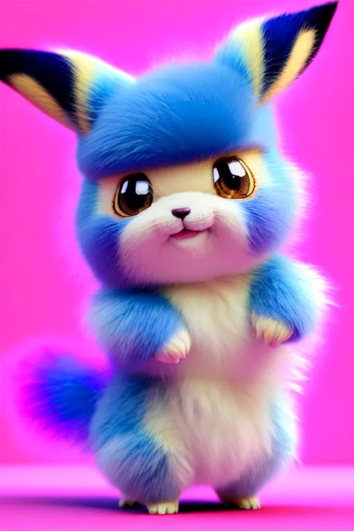 Image similar to high quality 3 d render hyperrealist very cute multicolor stripped fluffy! doe cat hybrid highly detailed, vray smooth, in the style of detective pikachu, hannah yata charlie immer, dramatic pink light, low angle, uhd 8 k, sharp focus