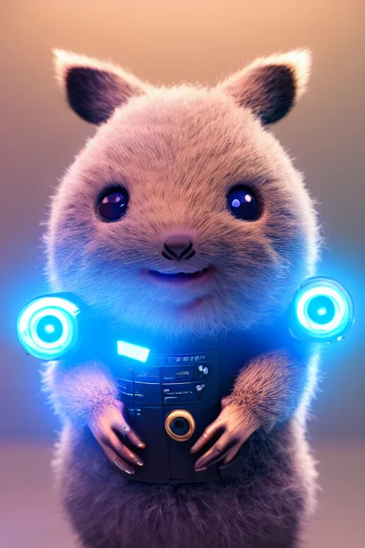 Image similar to high quality 3 d render sci - fi very cute fluffy! wombat!! cyborg with futuristic mechanical parts, cyberpunk monocle!, highly detailed, vray cinematic smooth, in the style of detective pikachu, hannah yata charlie immer, dark blue neon light, low angle, uhd 8 k, sharp focus