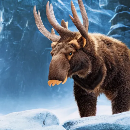 Image similar to a photograph of sabertooth moose cub. live action still from avatar the last airbender ( 2 0 2 5 ). color harmony, 8 k detail, gallery quality, hd wallpaper, premium prints available.