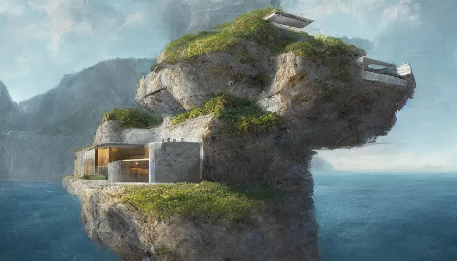 Image similar to modern house perched on a cliff overlooking a magnificient bay, concept art by raphael lacoste