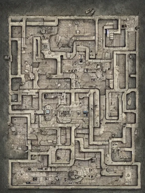 Image similar to A floor plan map illustration of a silent Hill city in labyrinth,by James Paick,Jane Newland，Peter Mohrbacher,peter gric,aaron horkey,Chris Ware,trending on pinterest,full of color,high detail,maximalist