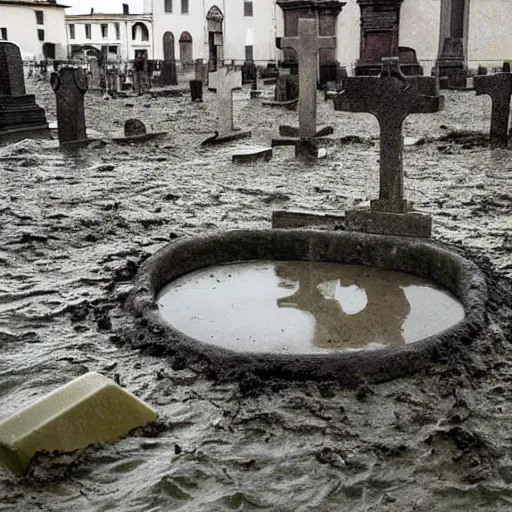 Prompt: The installation art shows a grave that has been flooded with water. The grave is located in a cemetery in Italy. The water in the grave is dirty and there is trash floating in it. The grave is surrounded by a fence. by Nikolai Ge, by Joe Quesada rigorous