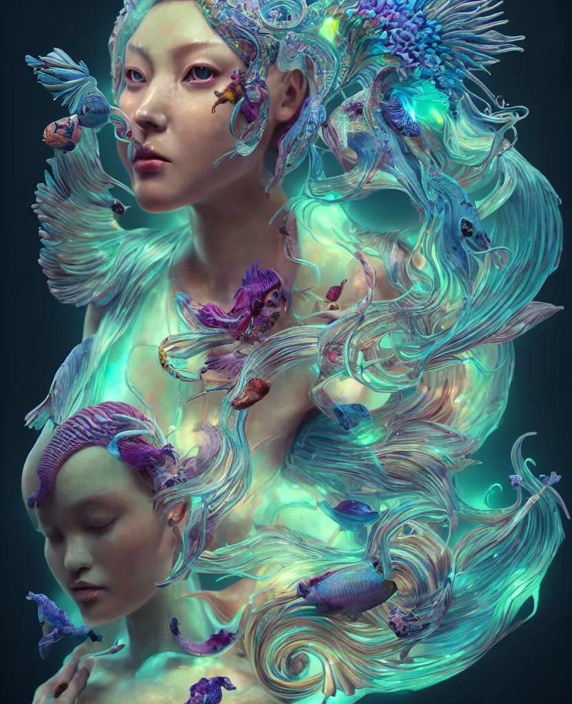 Image similar to goddess full color painted acryllic sculpture close-up portrait. orchid bird phoenix head, nautilus, skull, betta fish, bioluminiscent creatures, intricate artwork by Tooth Wu and wlop and beeple. octane render, trending on artstation, greg rutkowski very coherent symmetrical artwork. cinematic, hyper realism, high detail, octane render, 8k